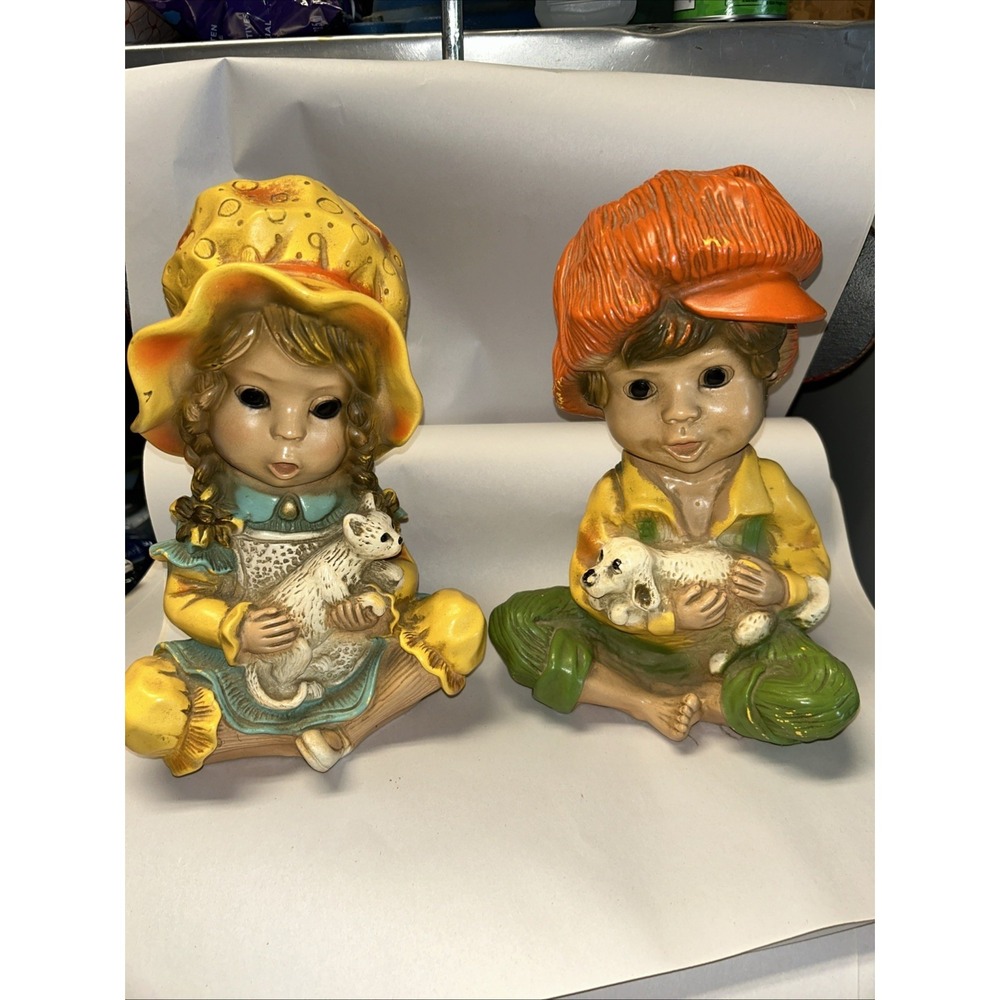 Vintage MCM Universal Statuary 1974 Alice And Andy Statue Set #293 Chalk Ware